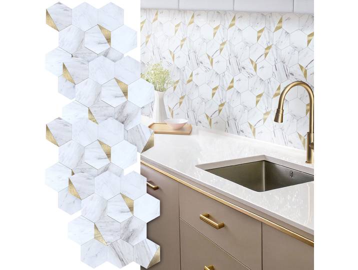 4er-Set Fliesenaufkleber, selbstklebend, Hexagon Marmor Gold