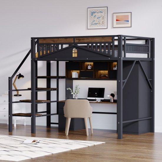Metallenes Hochbett 140 x 200 cm, Einzigartige Wohndesign mit Fensterdesign, Mit Sicherheitsleiter, Viele Ablageflächen unter dem Bett, Schwarz
