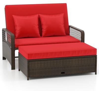 Costway Patio Adjustable Wicker Daybed with 4-Level Backrest and Soft Cushions-Red