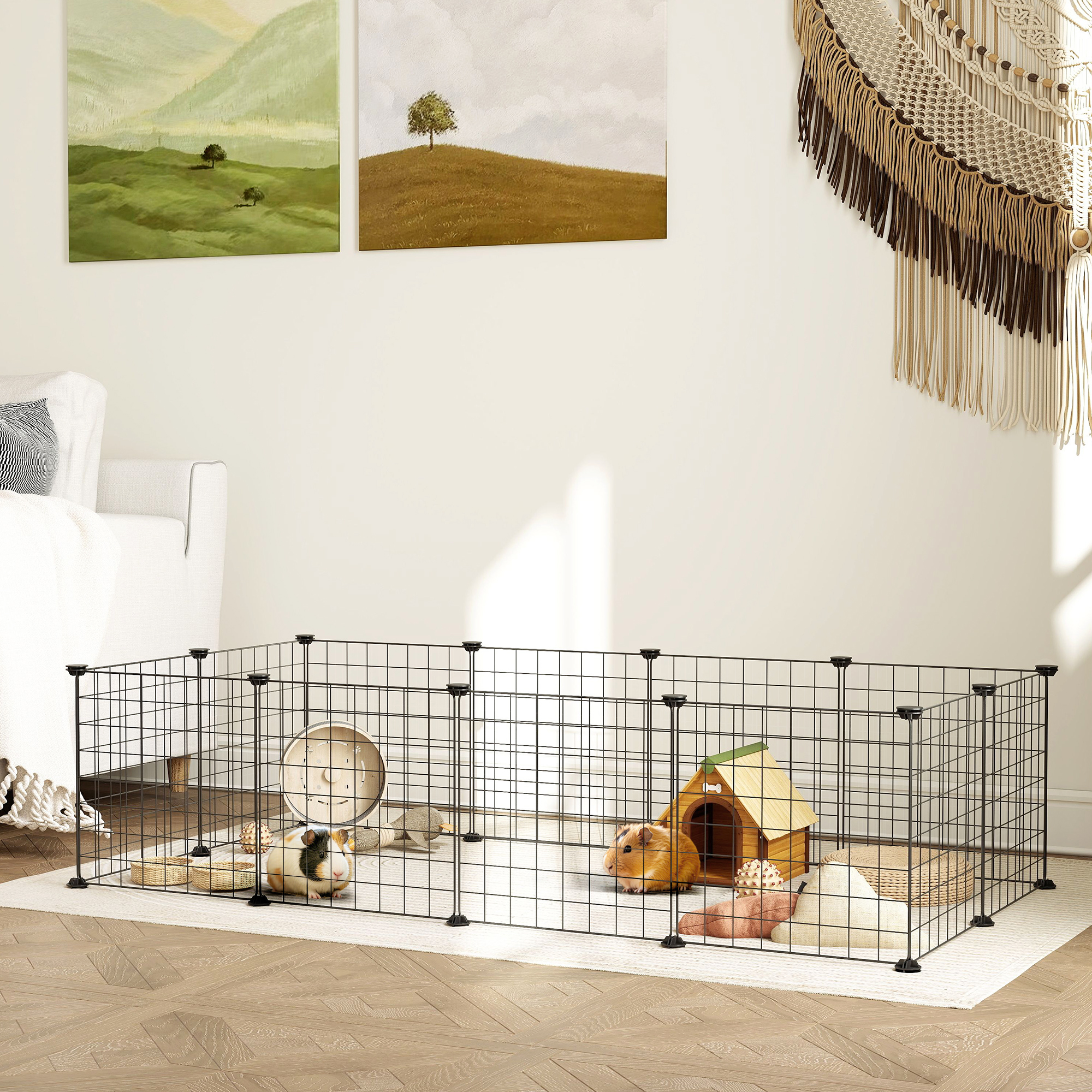 Pawhut Recinto per Cuccioli e Piccoli Animali Modulabile in Metallo e PP, 12 Pannelli da 35x35 cm Nero Aosom