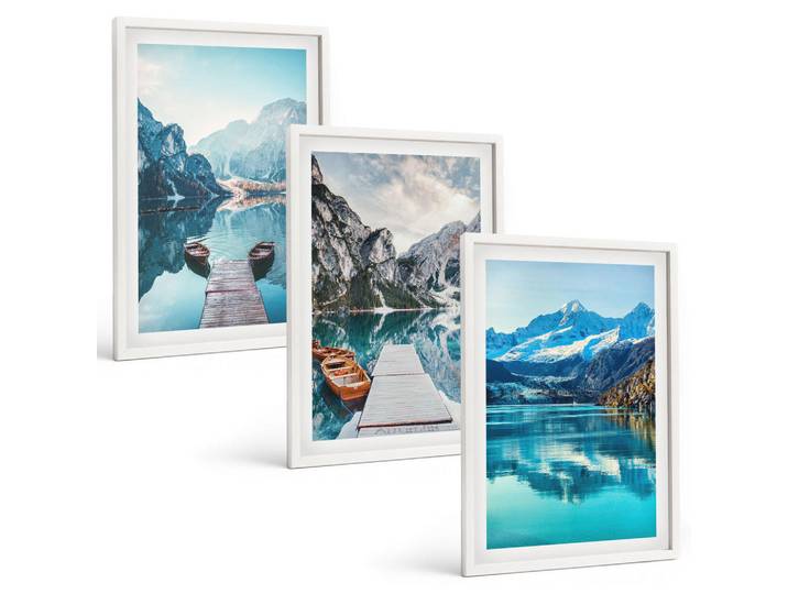 Tulup Bilder SET 3er Set - 40x60 cm Weißer Rahmen - Spiegelung der Boote auf Bergseen, Kunststoff, Rechteckig, 40x60 cm, Fotografie, Bilder & Rahmen, Bilder