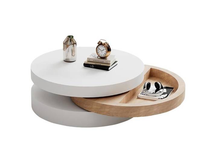 Table basse pivotante ronde avec 1 niche en MDF - Blanc et naturel clair