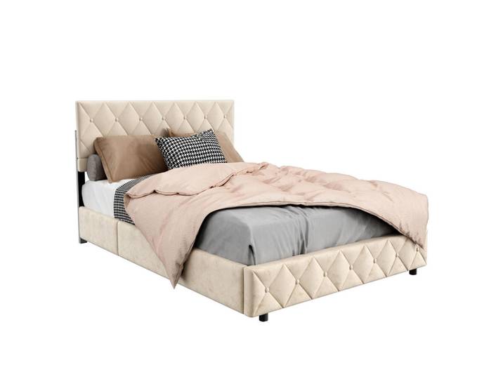 Okmyhome Polsterbett 140/200 cm Beige Samt, Hydraulik-Aufzug und rautengetuftetem Kopfteil, Rechteckig, 140x200 cm, Schlafzimmer, Betten, Polsterbetten