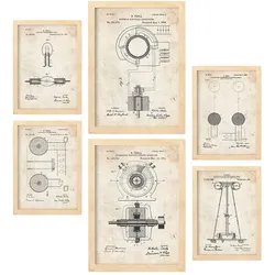 POSTER Set Mit 6 Plakaten Mit Strom 2 Patenten Im Vintage Stil A3 & A4 Rahmen Aus Hellem Holz
