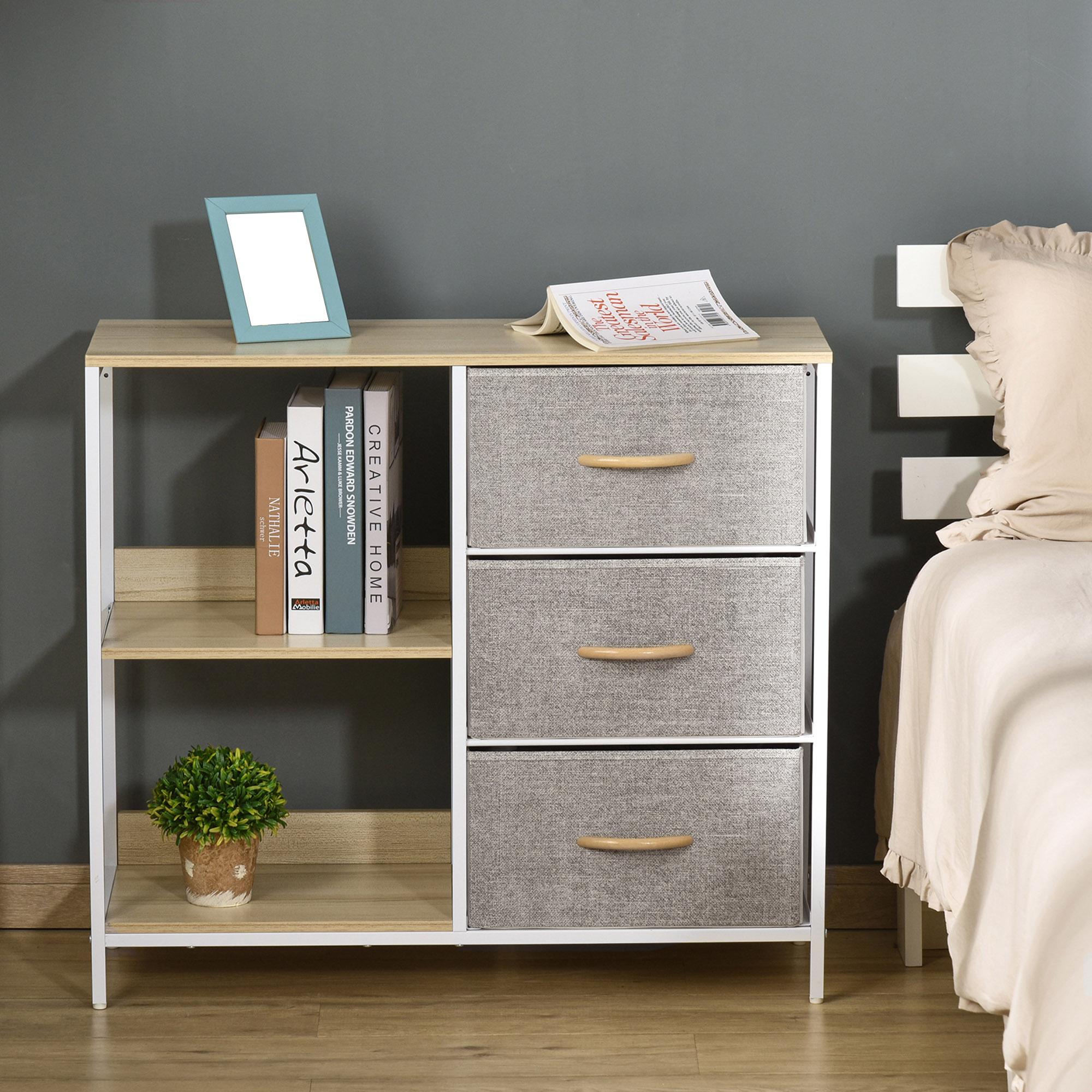 Homcom Cassettiera in Tessuto Cassettiera in Tessuto con 3 Cassetti Pieghevoli e 2 Ripiani Aperti 80x29x71 cm Legno Naturale e Grigio Chiaro   Aosom Italy
