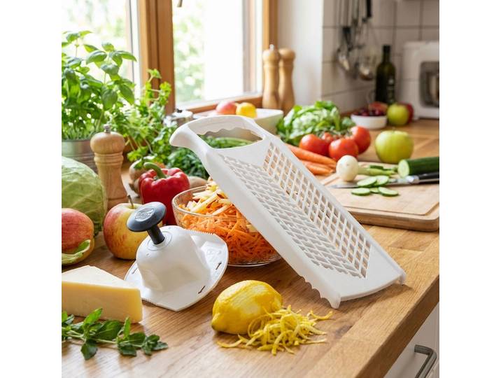 2er-Set: Sicherheits-Fruchthalter & Küchenreibe mit 2 Reibflächen, weiss