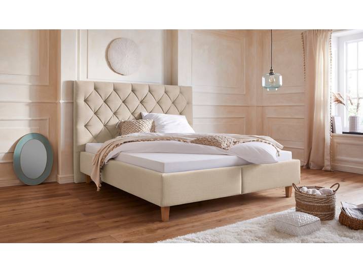 Polsterbett, Beige, 203x210 cm, Polyester, Kreuzsteppung & Kopfteil 142 cm, Modern, Home-affaire