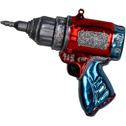 Christbaumschmuck Glas 12,7cm Bohrmaschine Figur Handbemalt & mit Glitzer Weihnachtsbaum Anhänger Weihnachten Weihnachtsbaumschmuck Werkzeug Rot Blau