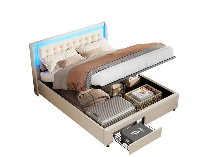Shopentra Polsterbett 140x190cm beige samt hydraulik led fußschublade, Beige, Metall, Schlafzimmer, Betten, Polsterbetten