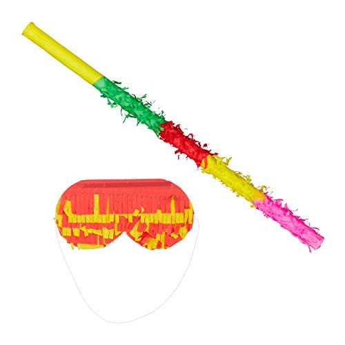 Relaxdays Pinata Accessoires Set met Stok en Blinddoek, Kleurrijk, Papier
