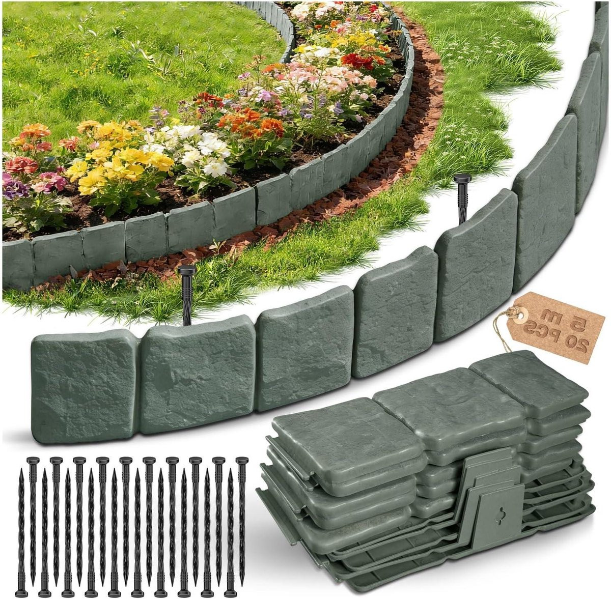 Tuinrand Kunststof Grijs - Flexibele Gazonrand voor Bloembeden - 5 Meter
