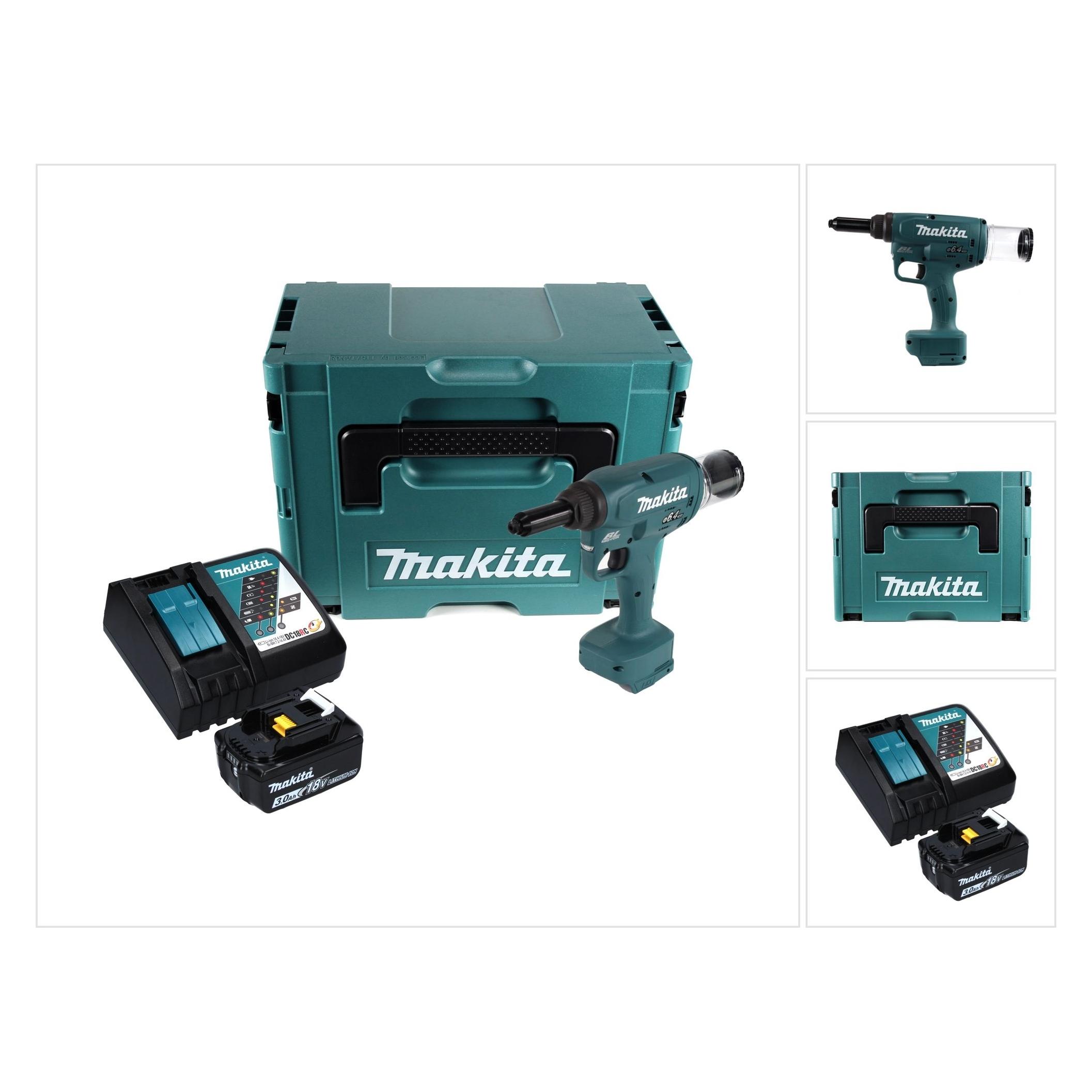 Makita DRV 250 RF1J Akku Blindnietsetzgerät 18 V 20 kN Brushless + 1x Akku 3,0 Ah + Ladegerät + Makp (DRV250RF1J)