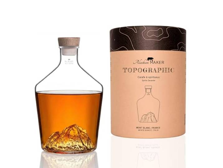 Alaskan MAKER Carafe à whisky originale TOPOGRAPHIC (Mont Blanc) Relief topographique 3D - Borosilicate soufflé à la main - 1\,2 L - Bouchon en liège - Rhum\, cognac\, spiritueux