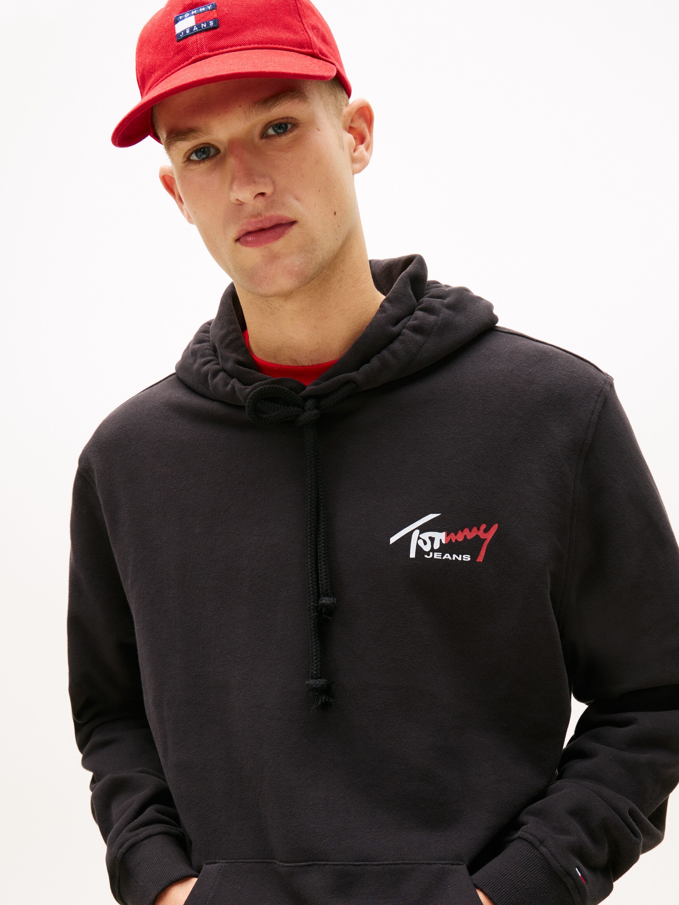 Kapuzensweatshirt TOMMY JEANS "TJM REGULAR ENTRY SIGN", Herren, Gr. 3XL, schwarz, Sweatware, Obermaterial: 100% Baumwolle, unifarben, regular fit normal, Rundhals, eingesetzt Rippbündchen, Sweatshirts Kapuzensweatshirt, Regular fit, mit Kordelzug schwarz 