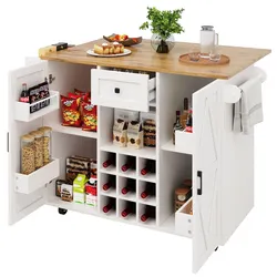 MODFU Kücheninsel Küchenwagen Weiß 138x65x96 cm mit klappbarer Tischplatte, Schublade, Schrank, Weinregal und Rollen, MDF Metall, flexibel