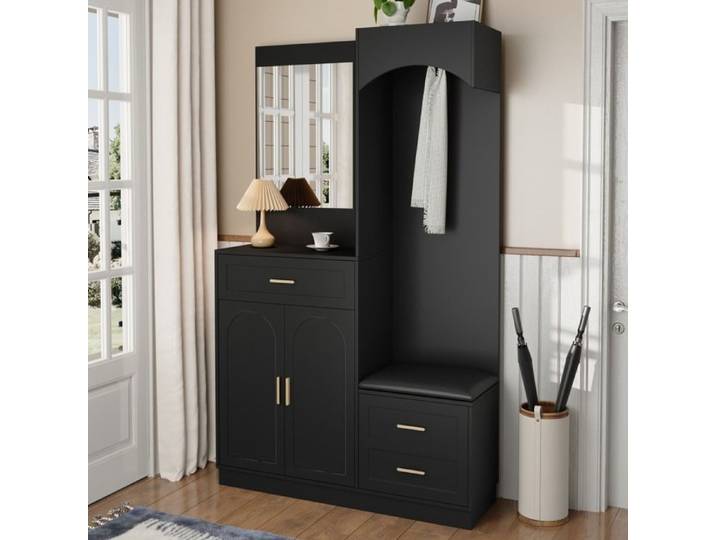 Meuble d'entrée compact EVRYAE 110 x 33 x 185 5 cm avec vestiaire miroir banc et rangement chaussures noir