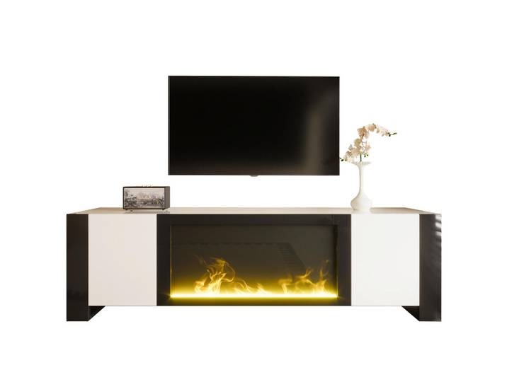 Okwish Lowboard 165/32/55 cm Weiß/Schwarz aus Spanplatte mit Elektrokamin, 165x55x32 cm, Wohnzimmer, TV Möbel, Lowboards, Lowboards stehend