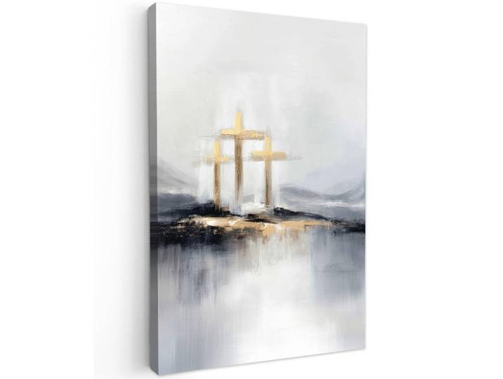 MuchoWow Leinwandbild - Abstrakt - Malerei - Christentum - Kreuz - 60x90 - Kunstdruck, Weiß, Textil, Kiefer, Rechteckig, 60x90 cm, gerahmt, Bilder & Rahmen, Bilder, Wandbilder