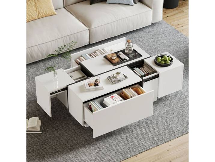 Table basse - WESTYLE - 100x60x40 - Blanc laqué brillant - 4 tiroirs - Plateau coulissant