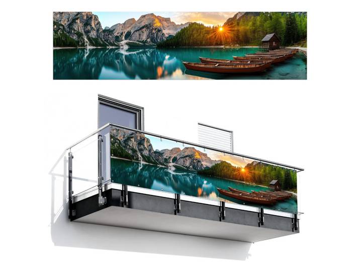 MuchoWow Balkon-Sichtschutz See - Berge - Sonnenuntergang - Boot, Petrol, Kunststoff, Rechteckig, 300x75 cm, Sonnenschutz, Sichtschutz