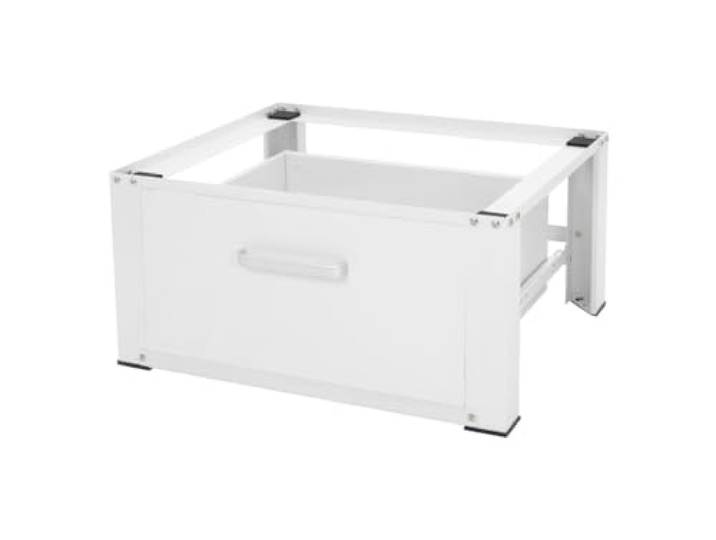 ML-Design Waschmaschinen Untergestell mit Schublade 63x54cm Stahl Weiß bis 150kg, Waschmaschinen-Unterschrank, Stabiler Waschmaschinensockel, H=31,5cm Podest Erhöhung Unterbau für Trockner/Kühlschrank