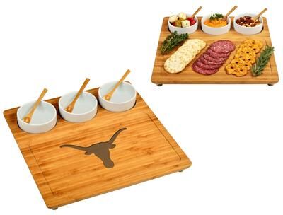 Picnic at Ascot "NCAA Texas University Longhorns Bamboo Charcuterie Board Set with Ceramic Bowls - 13"" x 13"""