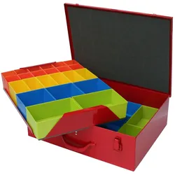 PROREGAL Sortimentskoffer aus Metall mit 46 farbigen Systemfächer | HxBxT 13,5x33x44cm | Verkehrsrot