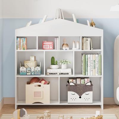 Garvee 9-Cubby Kids Toy Storage Organizer, White Wooden Bookshelf with Roof Design, Playroom Bookcase