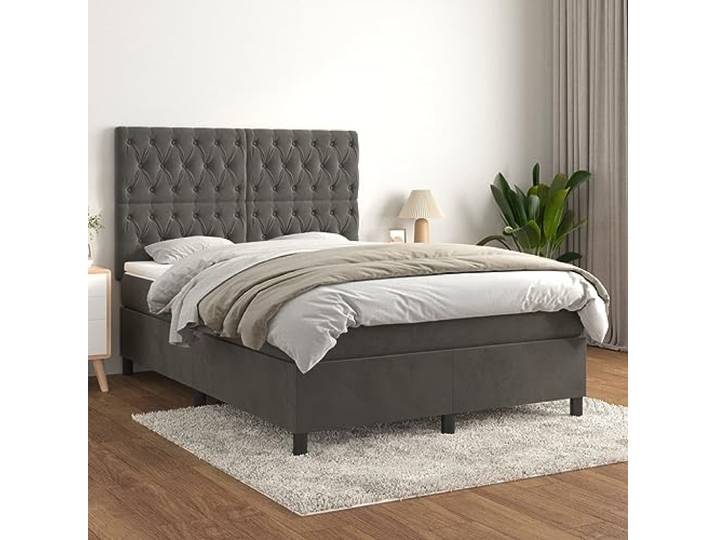 RJPLMFV Bettgestell, Velours, Dunkelgrau, 140 x 200 cm Verstellbares Kopfteil, Taschenfederkernmatratze, mittelharte Unterstützung, weicher Matratzenschoner