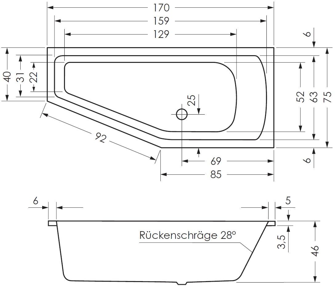 Steinkamp Life Raumsparbadewanne 170  x 75 cm links