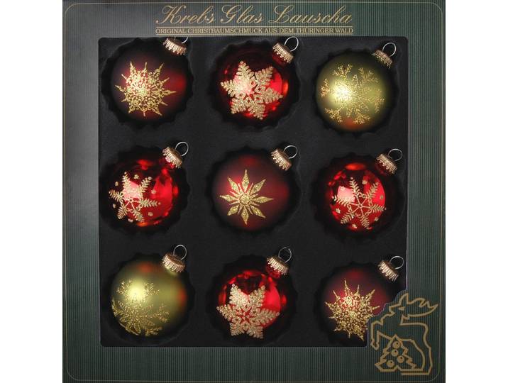Weihnachtsbaumkugel KREBS GLAS LAUSCHA Schneeflocken, Weihnachtsdeko rot, Christbaumschmuck , rot (rot, grün), Ø:8cm, Glas, Weihnachtsbaumkugeln, Weihnachtsbaumkugel, hochwertige Christbaumkugeln aus Glas, mundgeblasen, rot/grün