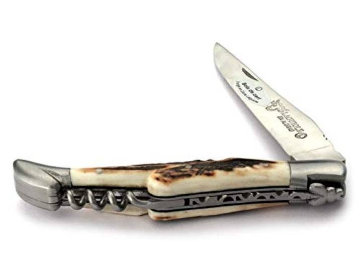 Laguiole en Aubrac Taschenmesser mit Korkenzieher L0312BCIF 12 cm, Griffschalen Hirschhorn, Klinge 10 cm matt, Backen matt