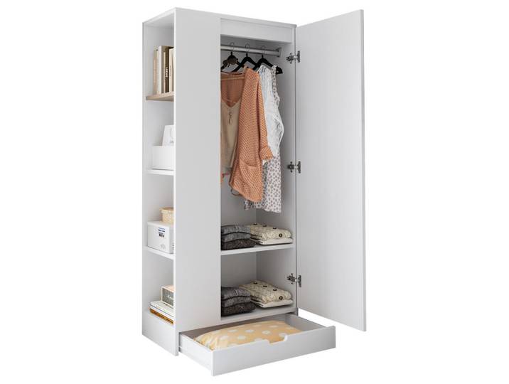 Modfu Kleiderschrank aus Holz 70x40x170 cm Weiß mit Einlegeböden, eintürig und pflegeleichter Oberfläche, 70x170x40 cm, Schlafzimmer, Kleiderschränke