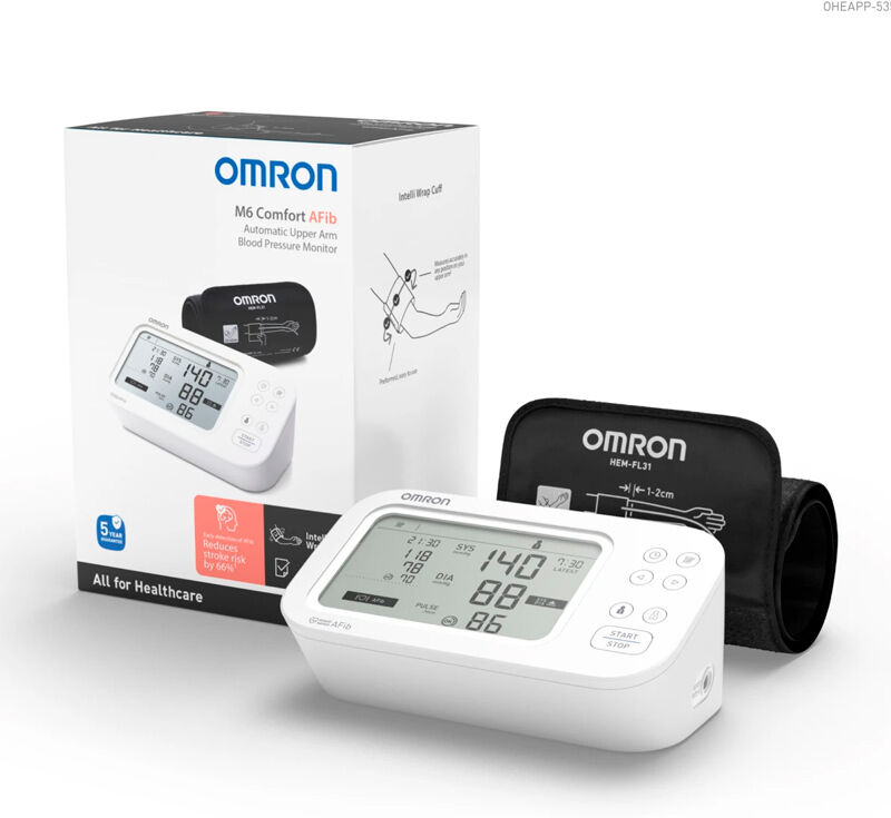 Tensiómetro automático de braço Omron M6 Comfort: Com detecção de arritmias, ecrã dual e resultados mais precisos(HEM-7360-E)