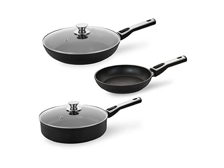 Cerafit Plasma Pfannen Bratpfannen Deluxe-Set 5-tlg. - Induktionsbratpfanne, Universalpfanne, für alle Herdarten, abnehmbarer Griff, Glasdeckel