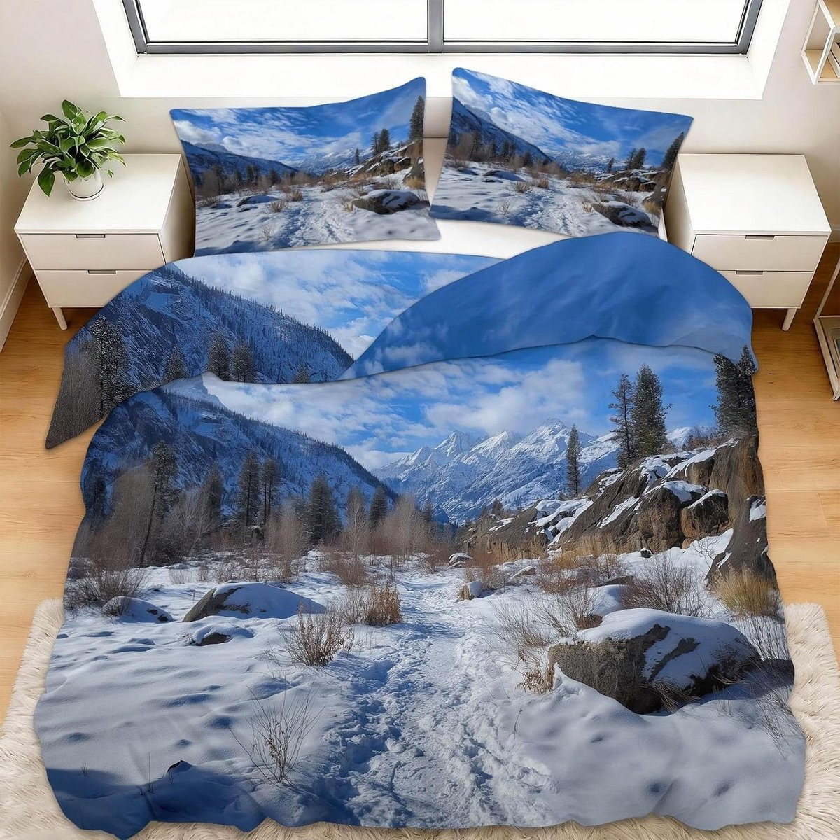 Dekbedovertrek Set met 3D Winterlandschap Print in Blauw - 220 x 240 cm