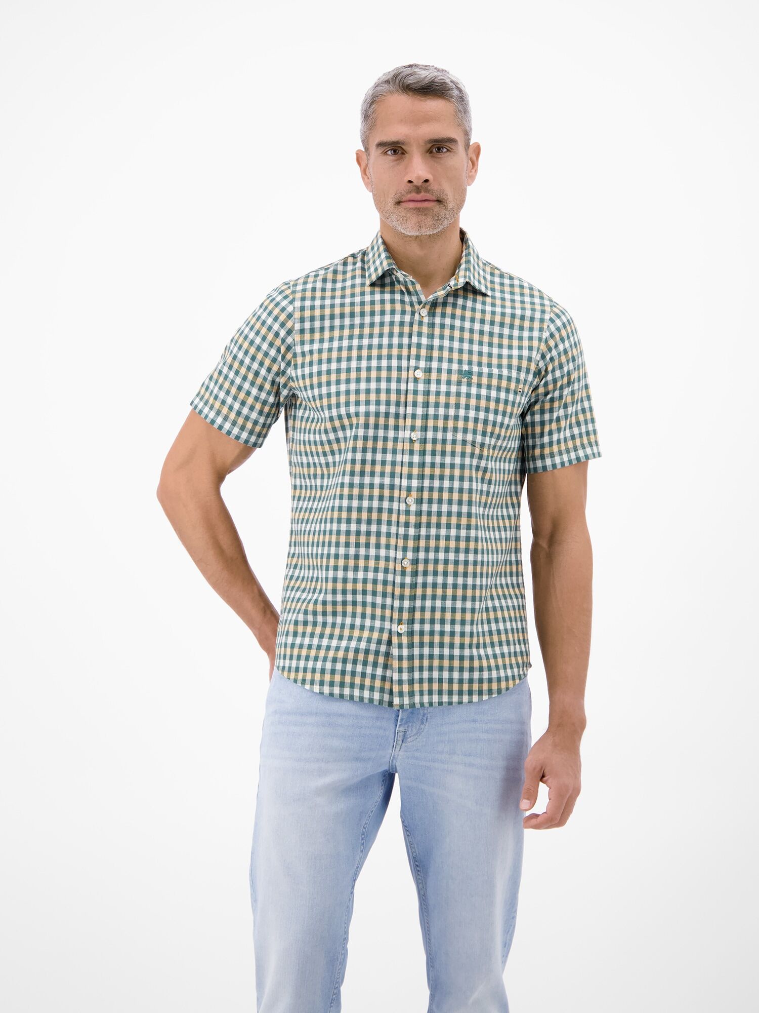 Kurzarmhemd LERROS "Sportives Halbarmhemd, kariert", Herren, Gr. M, Normalgrößen, dull peach, 100% Baumwolle, Hemden Kurzarmhemd