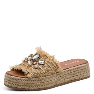Pantolette TAMARIS, Damen, Gr. 38, Textil, beige, geflochten, Schuhe Pantolette, Plateau, Schlüpfschuh, Sommerschuh mit funkelnden Schmucksteine