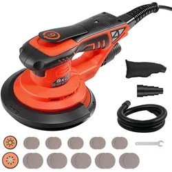 VEVOR 400W Bürstenloser Exzenterschleifer mit 127mm & 152mm Schleifteller, 4000-10000U/min, 7 Stufige Drehzahlregelung, 20 Schleifpapiere, Staubbeutel, 4m Netzkabel, Handschleifer für Holzbearbeitung