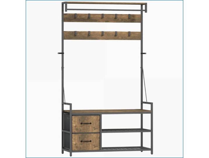 Garderobenständer 6-en-1 Industrie-Stil - Sitzbank Schuhregal 10 Haken & 2 Schubladen - Marron/Noir
