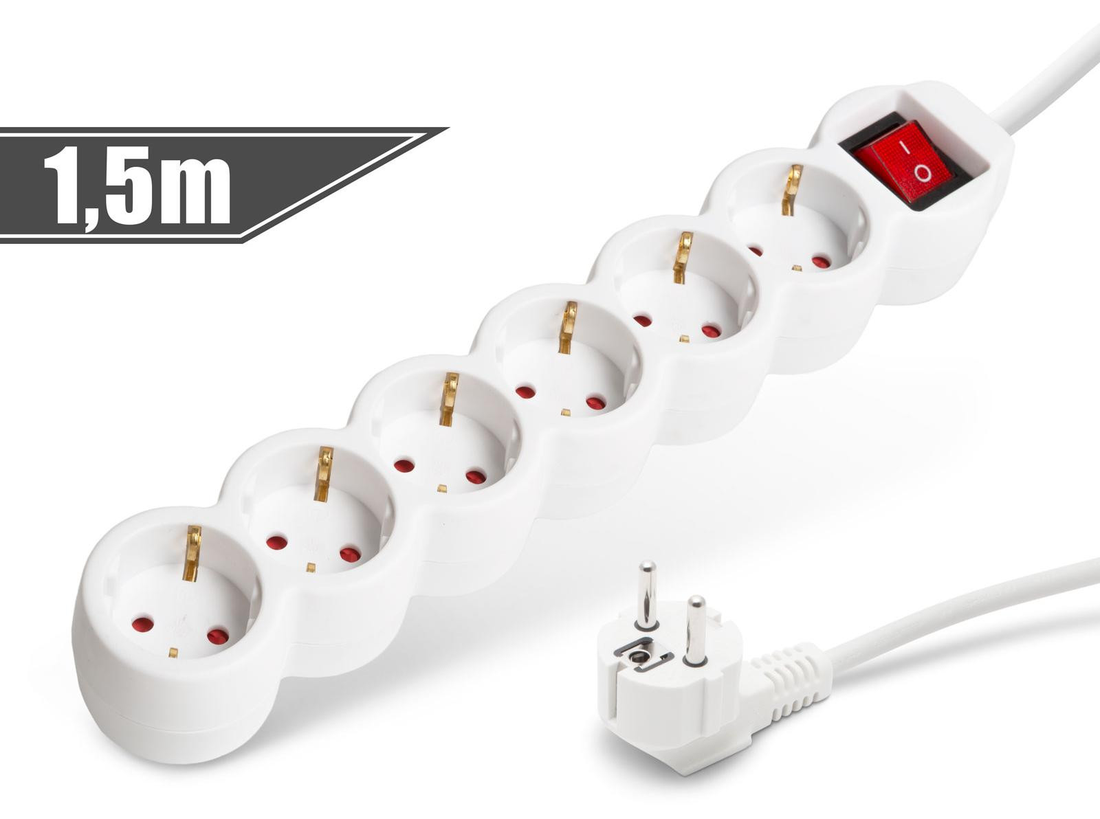 HomeShopXL Witte stekkerdoos met 6 stopcontacten, kinderbeveiliging en 1,5 meter snoer
