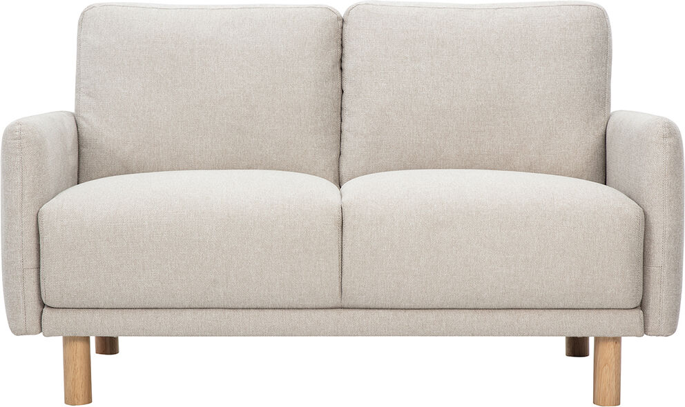 Miliboo Designer-Sofa für 2 Personen aus beigem Samteffekt-Stoff und hellem Holz BONO