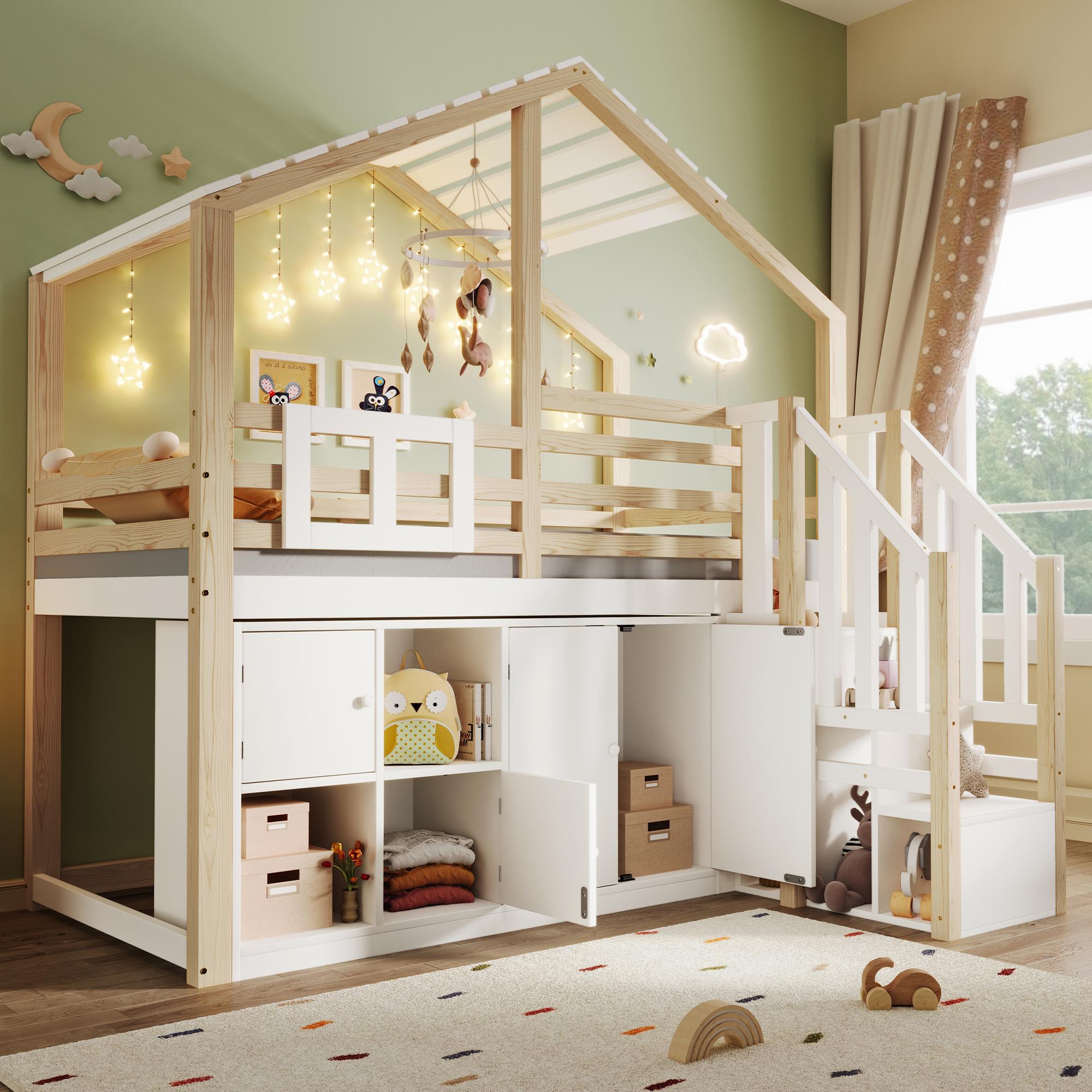 Hochbett, 90x200cm, Hausform, Bettgitter, Mehrere Schließfächer, Stauraumleiter, Fenster, ohne Matratze, Weiß + Natur