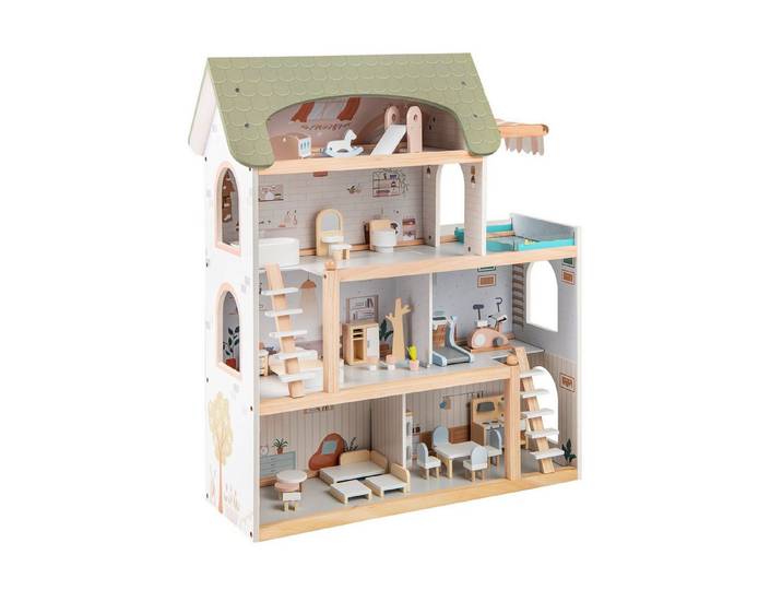 KOMFOTTEU Puppenhaus Puppen-Villa, mit 33 realistische Zubehör & Möbel, 6 Zimmer