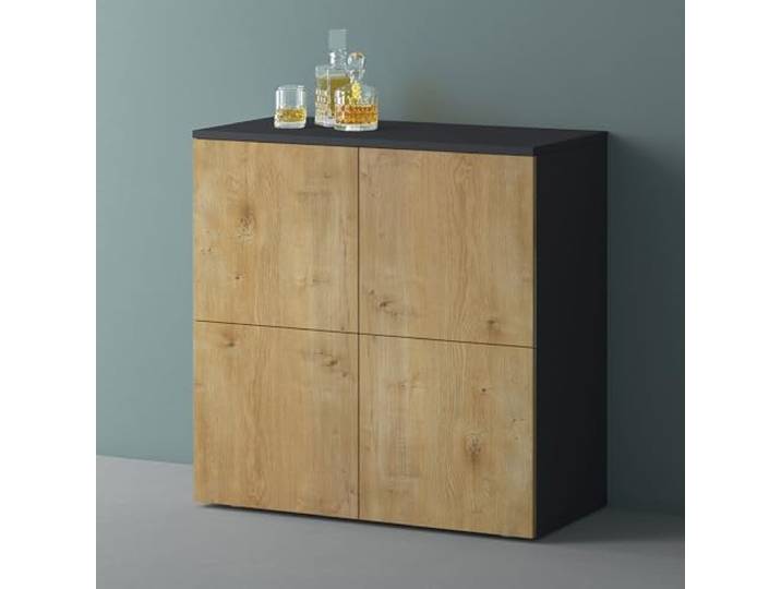 Mai & Mai Sideboard 76cm Kommode 4 Türen Soft-Close grifflos Stauraum Sideboard Wohnzimmer, 4 Stauräume, verstellbare Füße, Flurschrank, Anthrazit matt + Kerneiche, BxTxH:76x36,4x74cm, Schrank04