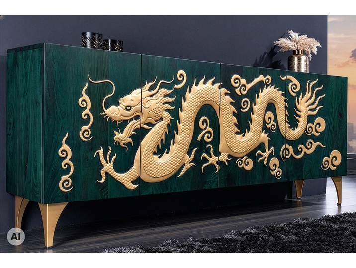 Massives Sideboard DRAGON 180cm türkis gold Mangoholz Metall 3D-Front handmade Modern & Design