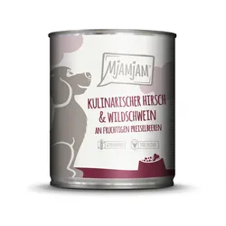 MJAMJAM Leckere Mahlzeit 800g Dose Hundenassfutter Sparpaket 12 x 800 Gramm kulinarischer Hirsch & Wildschwein an Preiselbeeren