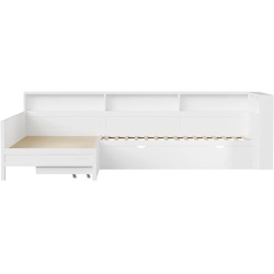 OKWISH L-förmiges Plattformbett aus MDF und Sperrholz, Weiß, 90x200 cm, mit Ausziehbett, Schublade und Ladestation