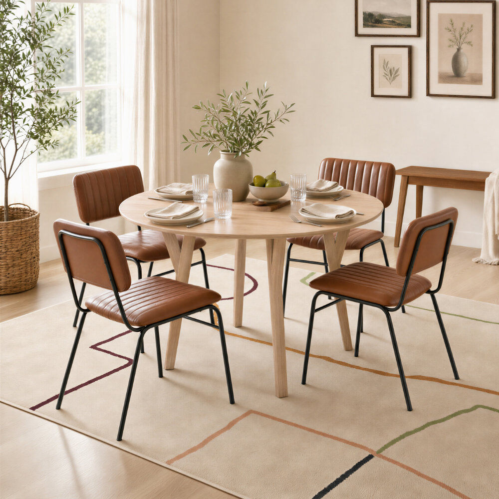 Canora Grey Drea Round Soild Wood Dining Table With 4 Tan Dorsey Chairs - Farmhouse Style White