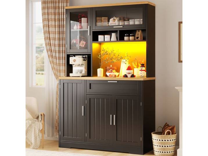 Piaenon - Buffet de Cuisine 104x40x180 cm avec LED 5 Portes 1 Tiroir Design Moderne Cuisine - Noir